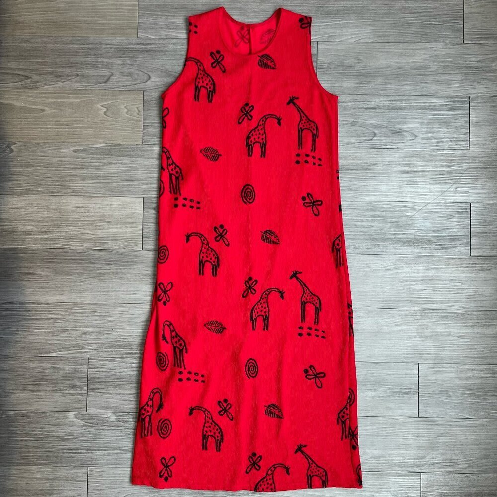 Vintage Giraffe Print Resort Sleeveless Shift Dress Maxi Dress Summer Size M
